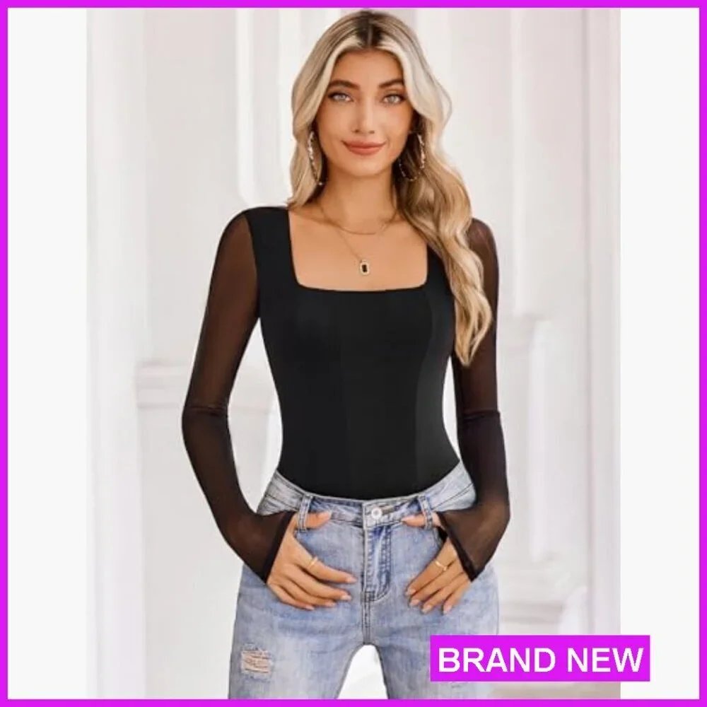 Long Sleeve Mesh Bodysuit Square Neck Elegant Y2K Chic Club Top Snap Closure